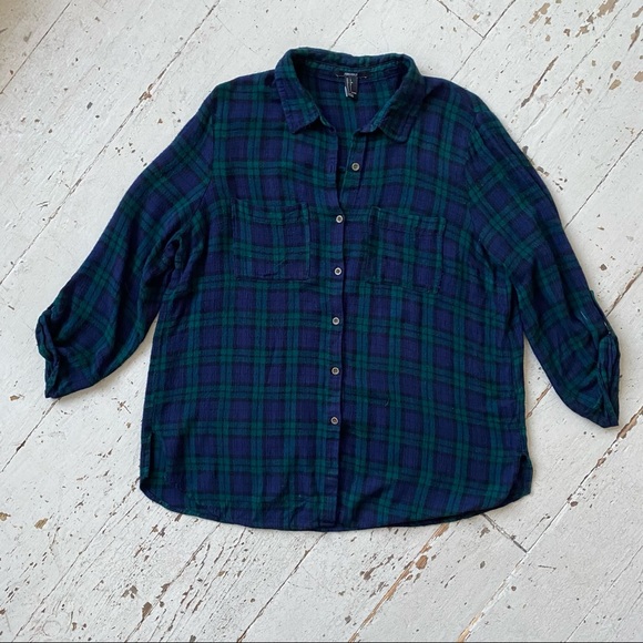 Forever 21 Plaid Tartan Flannel Shacket Shirt Roll Tab Sleeves - Picture 3 of 11